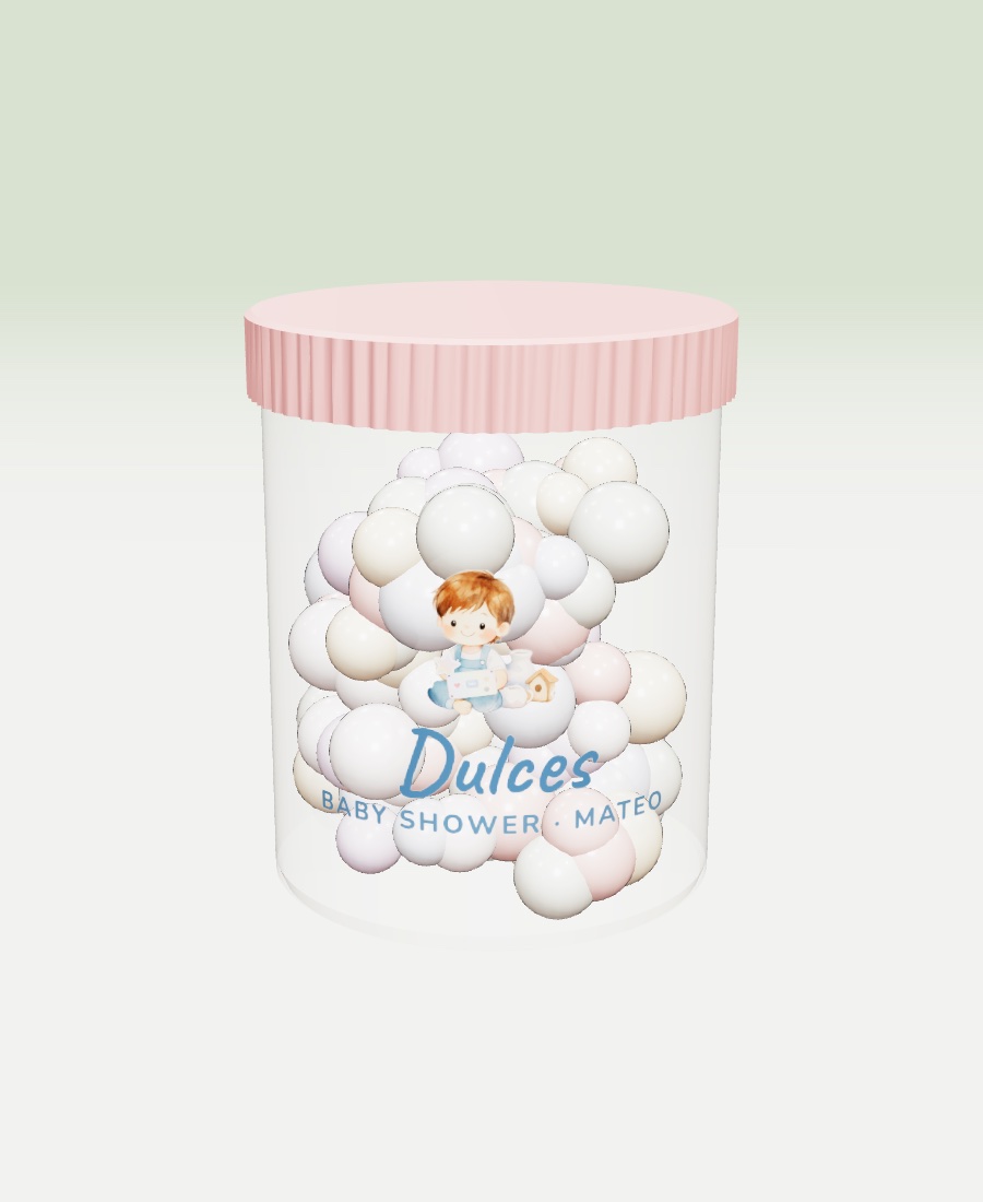 Frasco de dulces con sticker transparente de baby shower