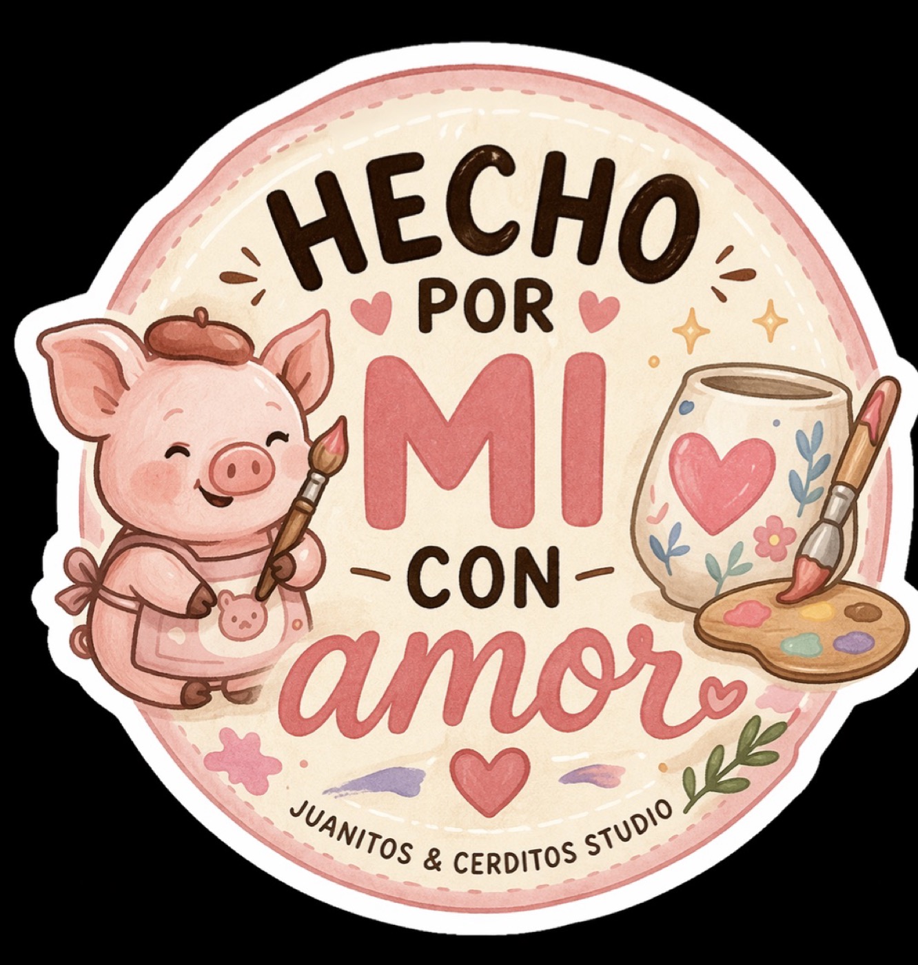 Sticker con un cerdito pintor que dice: Hecho por mí con amor